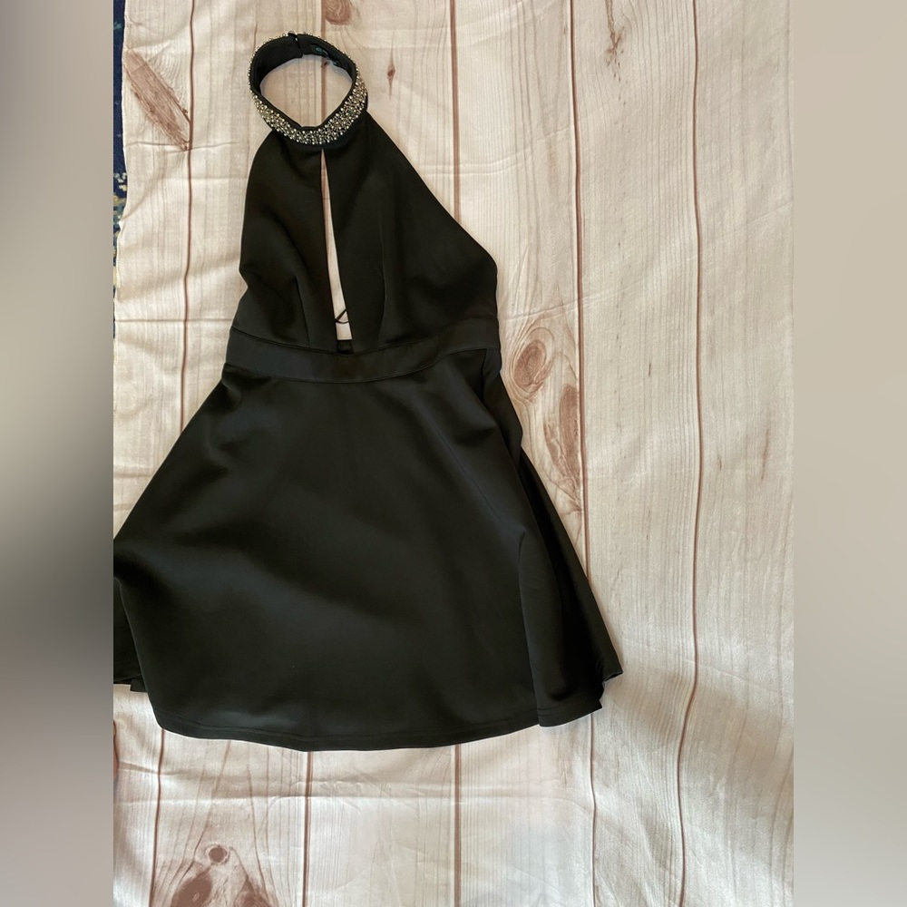 New High neck front cut out beaded choker dress